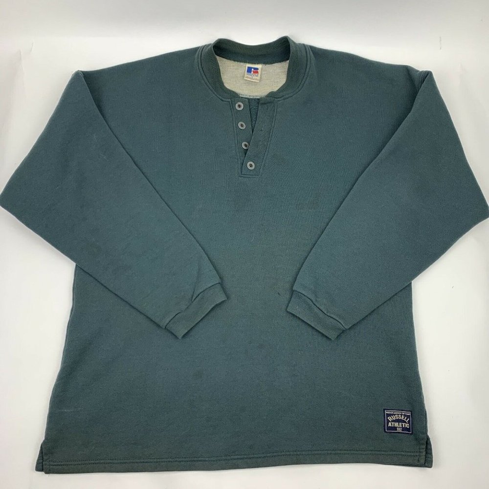 Vtg 90s Russell Athletics 1/4 Button Pullover Sweatshirt Blank Green L 50/50